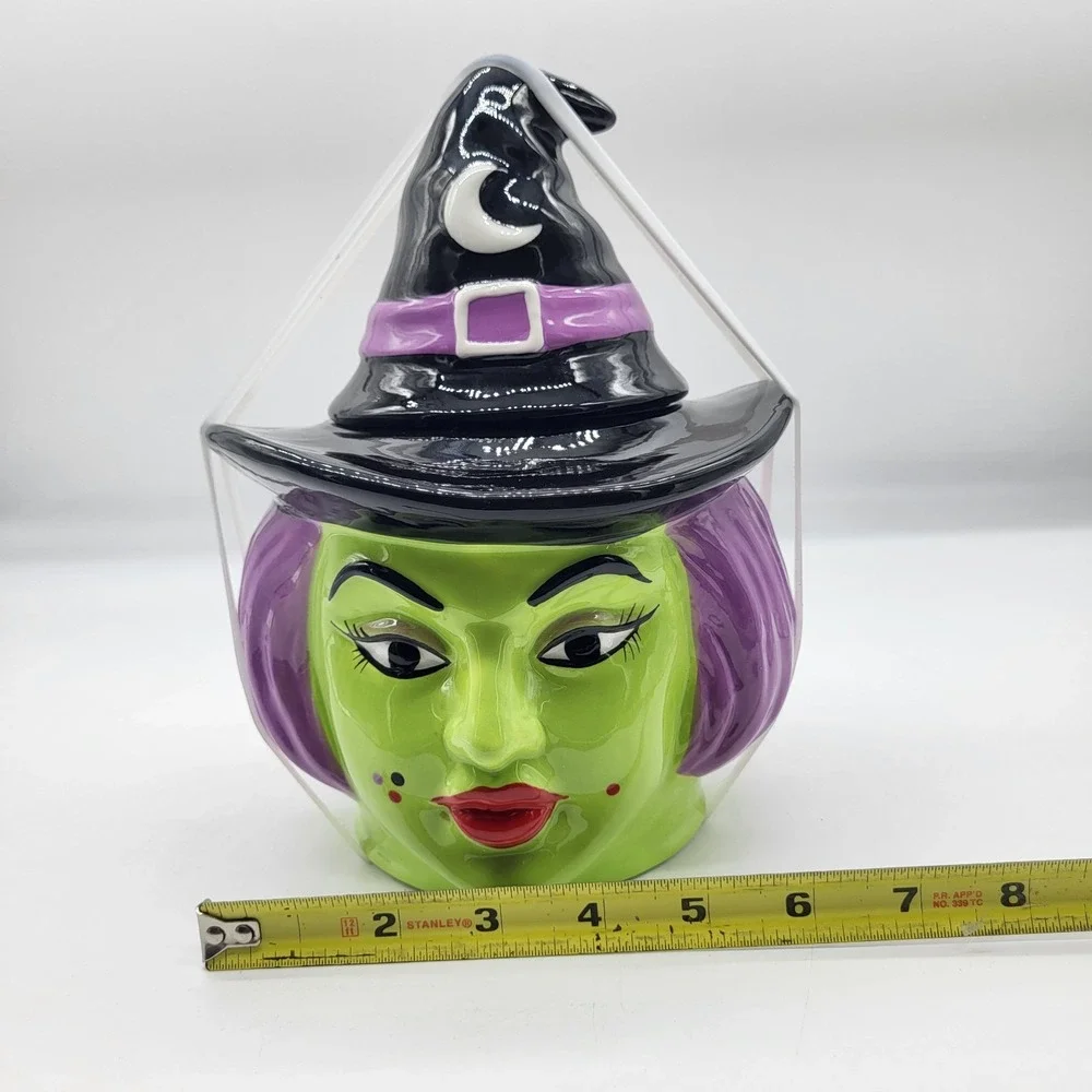 Halloween Witch Cookie Jar Green Face Purple Hair Black Hat 2026 NEW 9.5